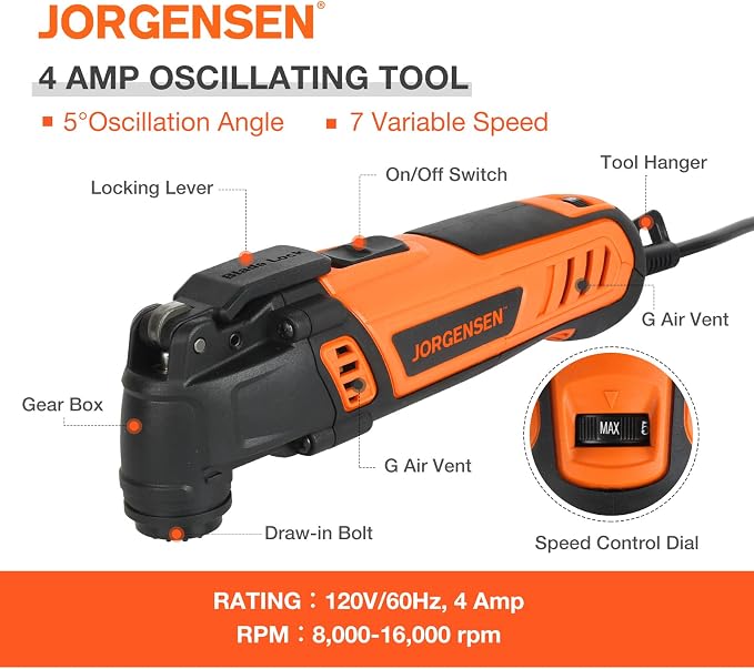 JORGENSEN Corded Oscillating Multi Tool, Variable Speed with 16 PCS Blades | Power Saw, Flush Cut, Universal Accessories, Quick Change, Wood Cutting, Sanding, Scraping, Polishing