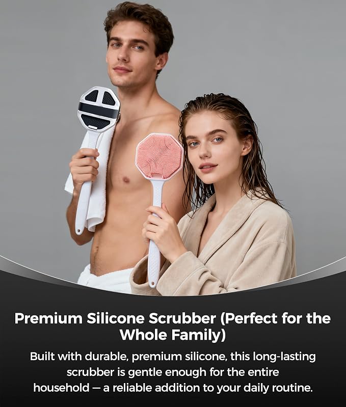 Back Scrubber for Shower - Long Handle Body Brush with Soft Bristles, Exfoliating Deep Clean, Black + Pink