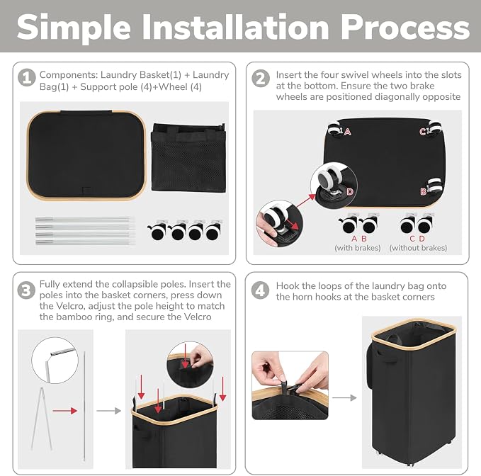 Goodpick 100L Large Rolling Laundry Basket with Wheels and Lid, Black | 17.3" × 13" × 29.5" Collapsible Laundry Hamper for Clothes & Blankets Storage, Removable Wash Bag, Bathroom Organization