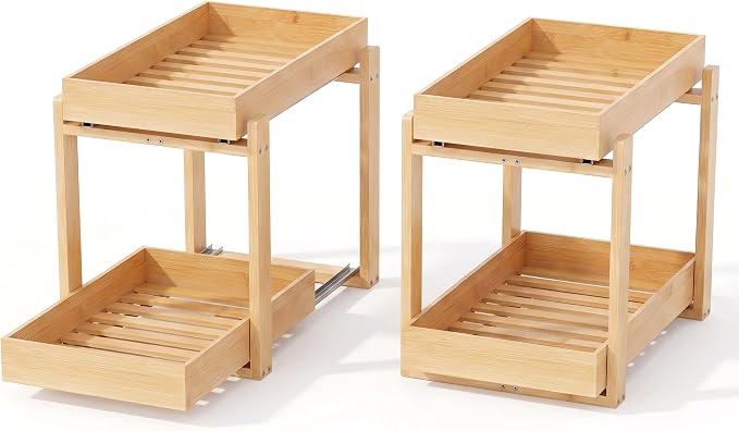 Bamboo Under Sink Organizer and Storage, 2 Pack Pull Out Cabinet Organization, 2 Tier Vertical Slide Out Undersink Storage Shelf, Multi-Purpose Organizer Shelves for Kitchen Bathroom Medicine