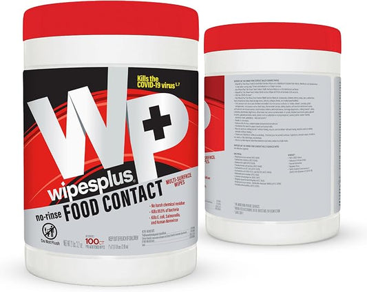 WIPESPLUS Cleaning Wipes All Purpose Food Contact - No Rinse, No Residue, Quick Dry Formula, Disinfecting Wipes For Restaurants, Foodservice, Schools - Canister, 100 Count