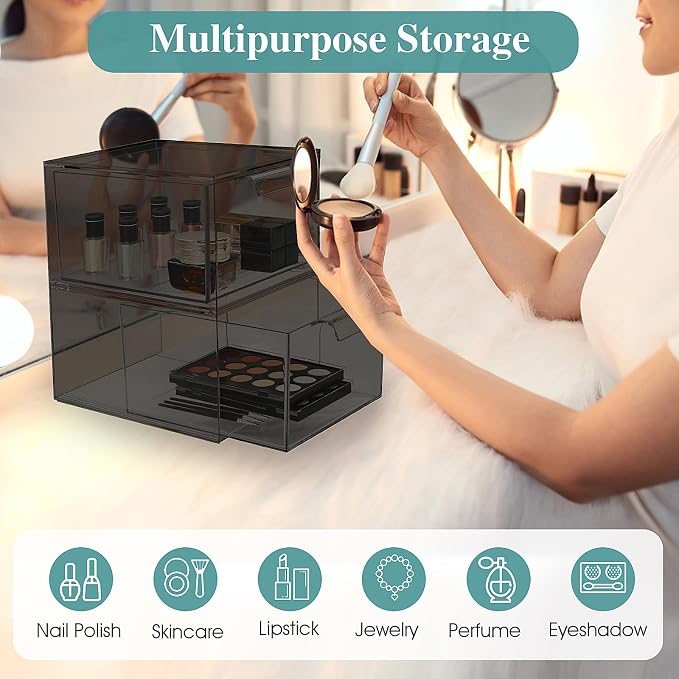 SpaceHacks 6 Pack Stackable Makeup Organizer and Storage, Acrylic Organizers,Clear Plastic Storage Drawer with Pull-Out Handles for Vanity, Undersink, Kitchen Cabinets, Pantry, Black