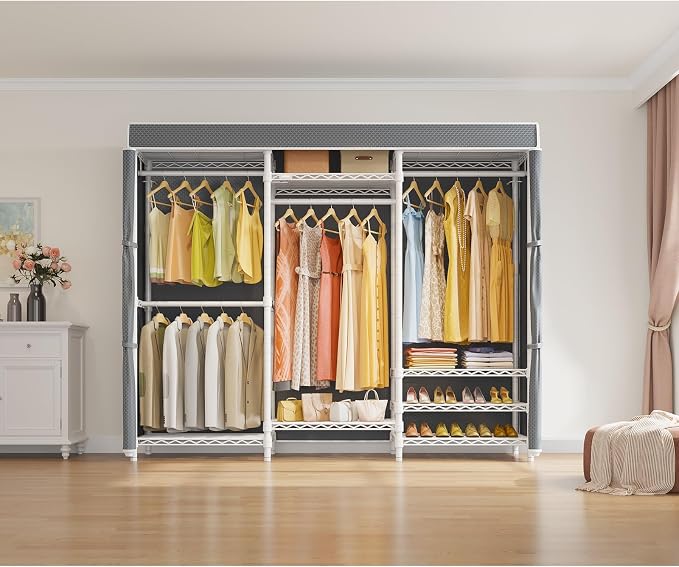 VIPEK V5C Portable Bedroom Armoires Wardrobe Closet with Cover, Heavy Duty Adjustable Clothing Rack, White Metal with Grey Oxford Fabric, 68.9" Lx15.7 Wx76.4 H