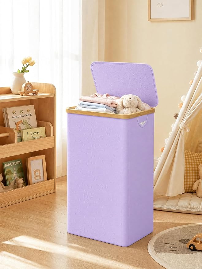 IEGrow Laundry Hamper with Lid,110L Laundry Basket with Mesh Bag,Purple | Dirty Clothes Hamper Basket with Bamboo Handle for Clothes Towels Organization