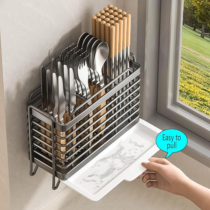 Stainless Steel Utensil Holder, Countertop Drying Rack with Drain Tray & Towel Bar, Space Saving Kitchen Organizer(Gray)
