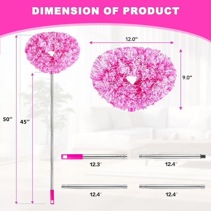 Ceiling Fan Cleaner Duster Reusable Microfiber Ceiling Fan Blade Cleaner Removable Duster with Extension Pole Adjusts 13 to 49.7 Inch for Cleaning Walls Furniture Door Window Top (Rosy White)