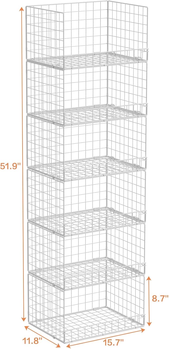 Huxitocan 6-Tier Stackable Closet Organizers and Storage Basket - Foldable Closet Shelf Organizer System, Sturdy Metal Space-Saving Clothes Storage Bins for Wardrobe, White(Patent Pending)