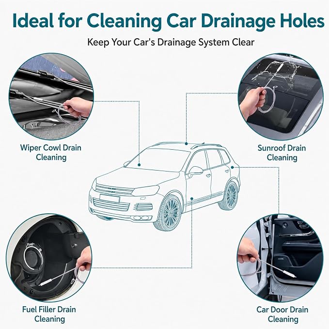 Sunroof Drain Cleaning Tool, 120-Inch 2-Pack AC Drain Line Cleaner Brush | Extra-long tube cleaner brush for sunroof, AC, fridge, ice maker and dishwasher lines; flexible stainless steel 2-pack.