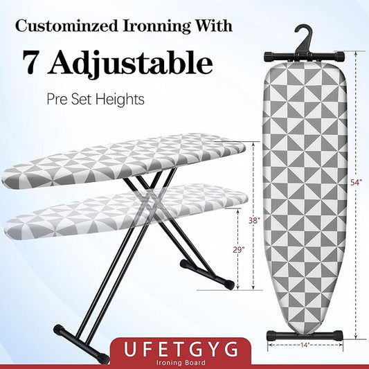 UFETGYG Ironing Board with Silicone Iron Rest pad,Extra Thick Cover,14x54 Compact and Space Saver Iron Board, Height Adjustable,Stable Structure, Easy to Fold, Gray and White