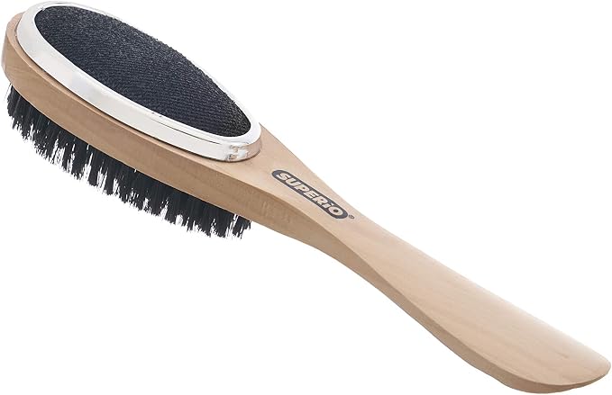 Superio 3 in 1 Lint Brush and Shoe Horn for Suit, Wool Coat, Sweaters, Shoes - Double Sided Portable Pet Hair Remover with Wood Handle