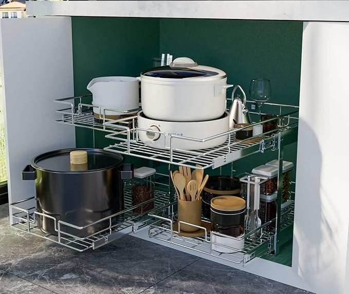 LOVMOR 2 Tier 28½"W x 21½"D, Individual Pull Organizer Kitchen Cabinet Storage Sliding Shelves