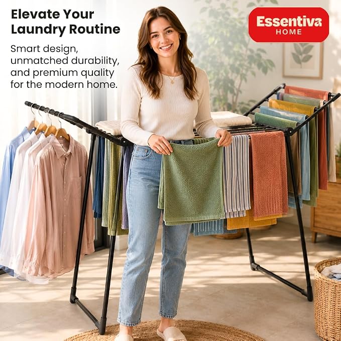 Clothes Drying Rack Foldable, Heavy Duty Metal Laundry Drying Rack for Indoor & Outdoor Use, Large Foldable Clothes Dryer Rack with 30KG Load Capacity, Space Saving Clothing Drying Rack