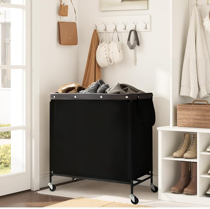 StorageWorks 3 Section Laundry Hamper, 120L Black Sorter Cart with Wheels