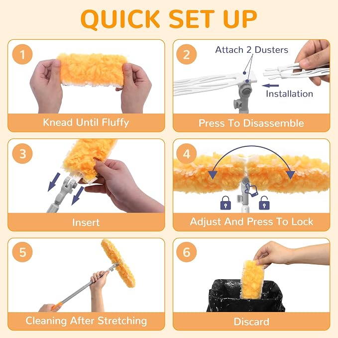 6 ft Heavy Duty Extendable Duster Handle with 50 Refills for Swiffer Duster, 360° Multi-Surface Dusters with 4X Cleaning Power for Home, Ceiling Fans, Windows, Dusting Hard-to-Reach Areas (Orange)
