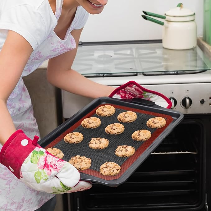 16.5"x11.6" Perforated Baking Mats, Non-Stick Hollow Out Silicone Mat, Reusable Oven Liner for Half Sheet Pan, Making Bread/Pizza/Macaron/Pastry/Cookie (2 Pcs, Black Corner Cut)