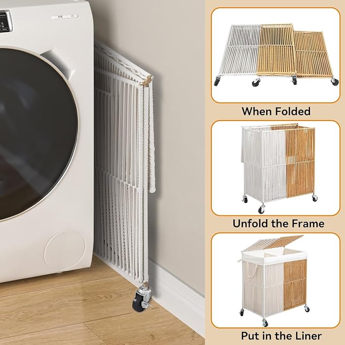 WOWLIVE Rolling Laundry Basket Wheels, Handwoven Laundry Hamper with Lid | Double Clothes Hamper with Divided Removable Bag, 115L Large Laundry Sorter 2 Section, Laundry Room Organization