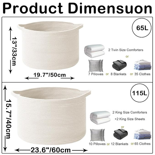 65L Large Woven Cotton Rope Blanket Basket with Handles, Laundry Hamper Storage Bin for Pillows, Comforters,Clothes, Toys, Nursery, Bedroom and Living Room Organization,White