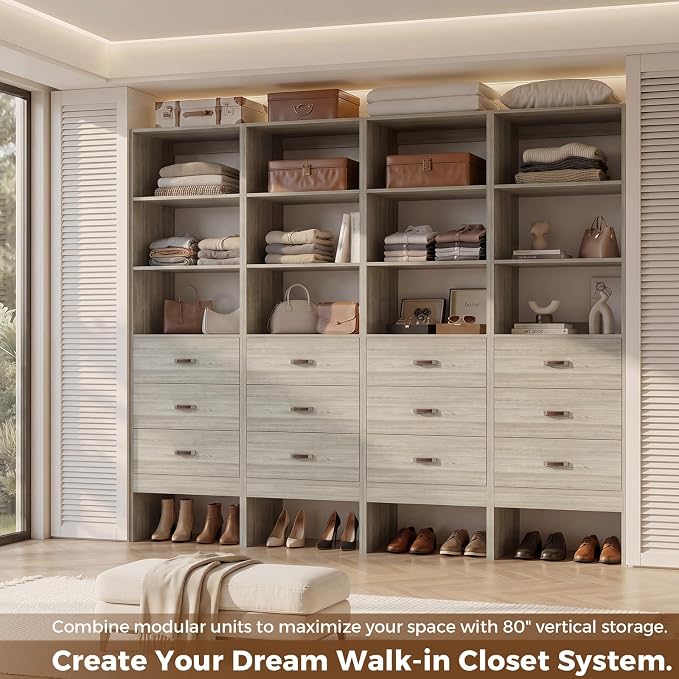 8FT Closet System with Leather Handles, 96" Walk-in Closet Storage Unit with Cabinet, Wood Wardrobe Closet Organizer and Storage with 12 Drawers, Set of 4, White Oak