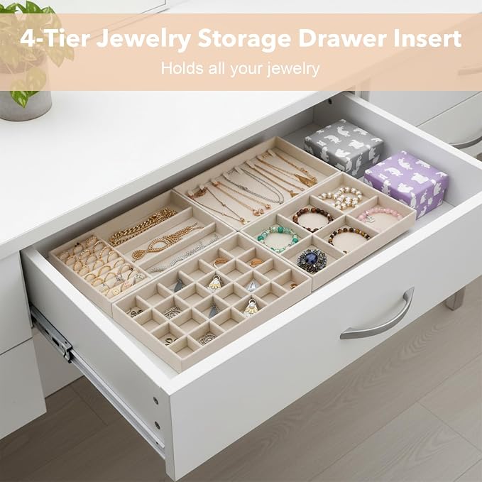 Jewelry Drawer Organizer Tray Set of 4 Stackable Velvet Jewelry Trays Drawer Inserts Organizer Case Set for Women Jewlery Storage Display Tray for Earrings, Rings, Necklaces, Bracelets, Watch (Beige)