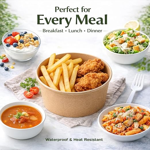 TOPtoper Paper Bowls 43Oz 50Pcs with Lids and Forks | Heavy Duty, Kraft Paper, Soak-Proof, For Hot/Cold Food, Disposable Meal Prep Containers