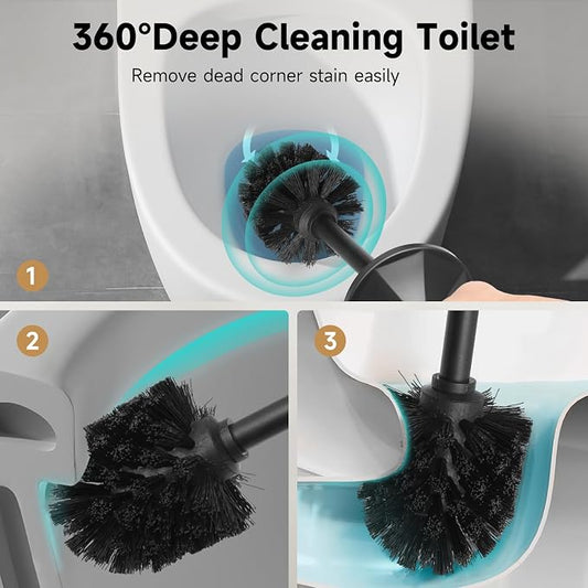 Black Toilet Brush and Holder,Extra Long Handled Toilet Brush for Bathroom,Stainless Steel Heavy Duty Toilet Bowl Brush,Deep Cleaning Modern Toilet Cleaner Brush -Space Saving