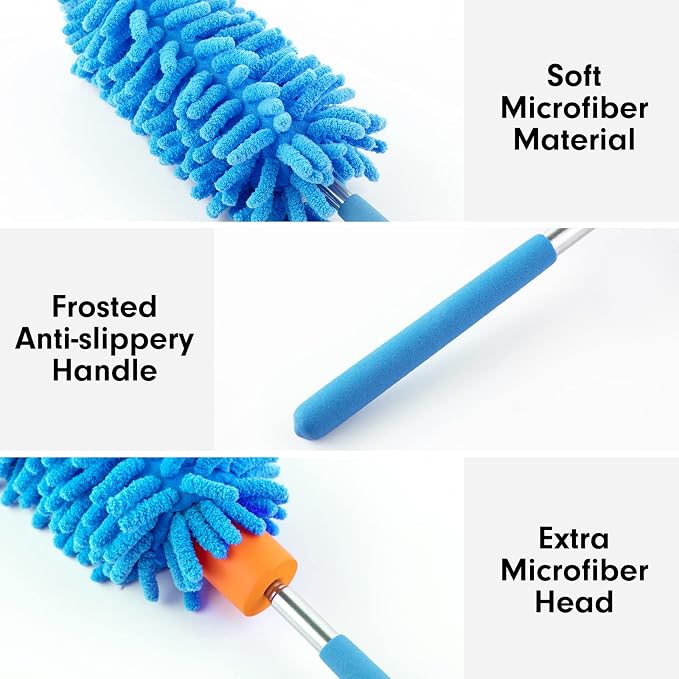 Duster for Cleaning, 10-29" Extension Pole, 2 Washable Heads, Blue | Microfiber Heads, Wet Or Dry, Detachable, Hand Washable, Easy Storage, For Cars, Offices, Windows, Furniture And Ceiling Fan