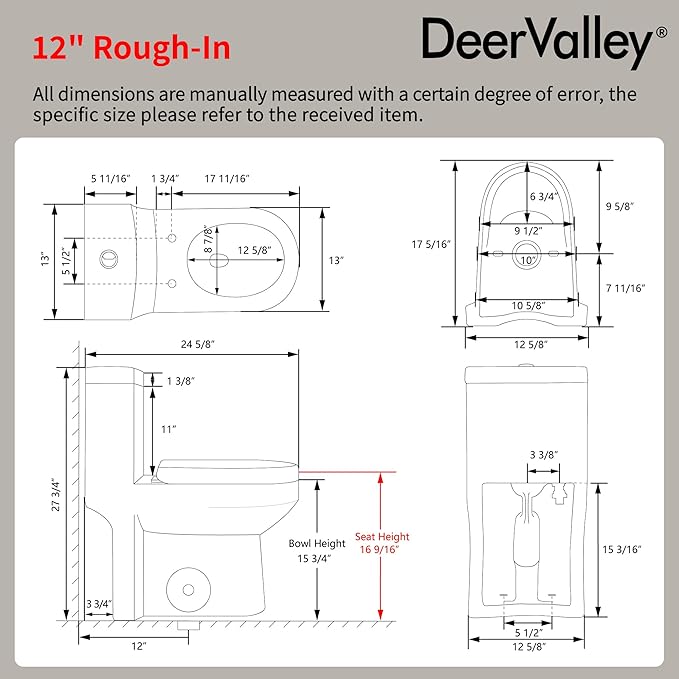 DeerValley Small One Piece Toilet with Soft Closing and Seat Gold Flush Button 12 Inch Rough-In Compact Toilets for Tight Spaces