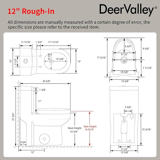 DeerValley Small One Piece Toilet with Soft Closing and Seat White Flush Button 12 Inch Rough-In Compact Toilets for Tight Spaces
