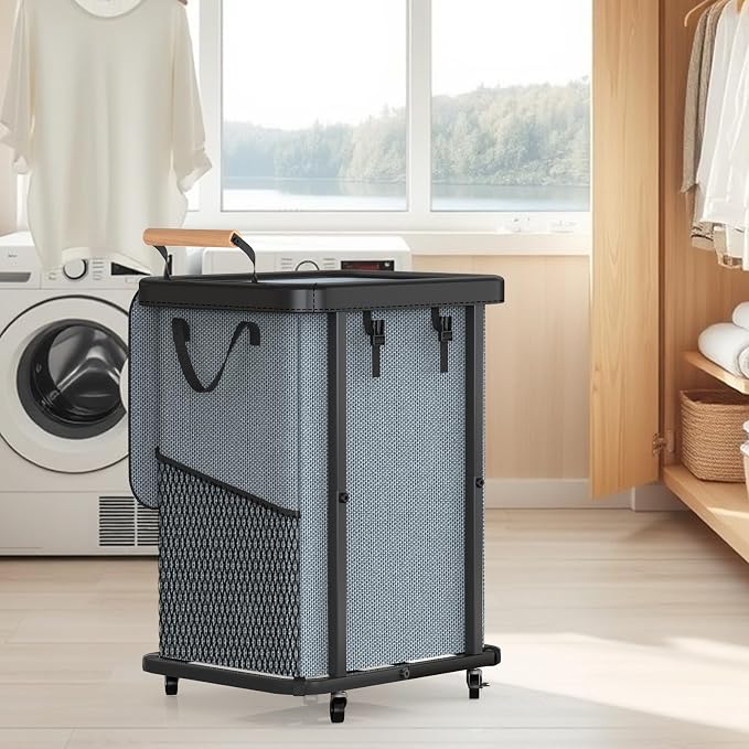 Laundry Hamper with Lid,Leather Patchwork Laundry Basket with Wheels Grey | 150L Rolling Laundry Basket with Bag & Handles,Laundry Basket Organizer for Laundry Room,and Bathroom,Laundry Room
