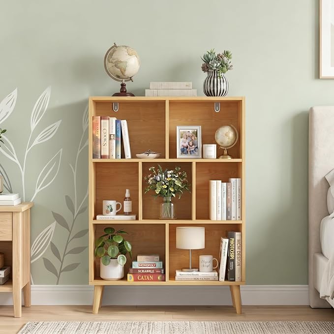 7 Cube Storage Organizer Shelf,Open Cube Bookshelf with Legs | 3 Tier, Mid-Century, Heavy Duty, Modern Bookcase, Display Shelf, Living Room, Bedroom, Office, Deep Natural