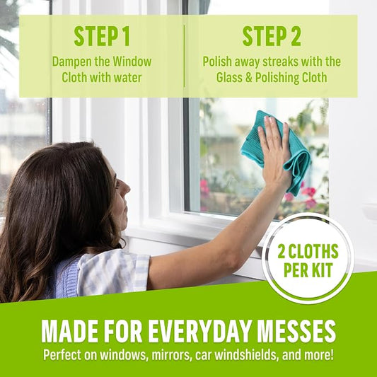 E-Cloth Microfiber Window Cleaning Cloth Kit - Glass Cleaning Cloth for Windows, Mirrors, Cars, Lenses, Eyeglasses, & More, Streak Free Clean, Machine Washable Reusable Towel - Green