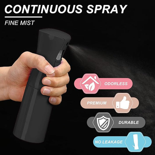 (Black Hair Mister Spray Bottle,Spray Water Bottle Fine Mist Refillable Plants(6.8OZ /200ML) Barber,Showering Pets, Plants, travel, Ironing and Cleaning (Continuous Spray)