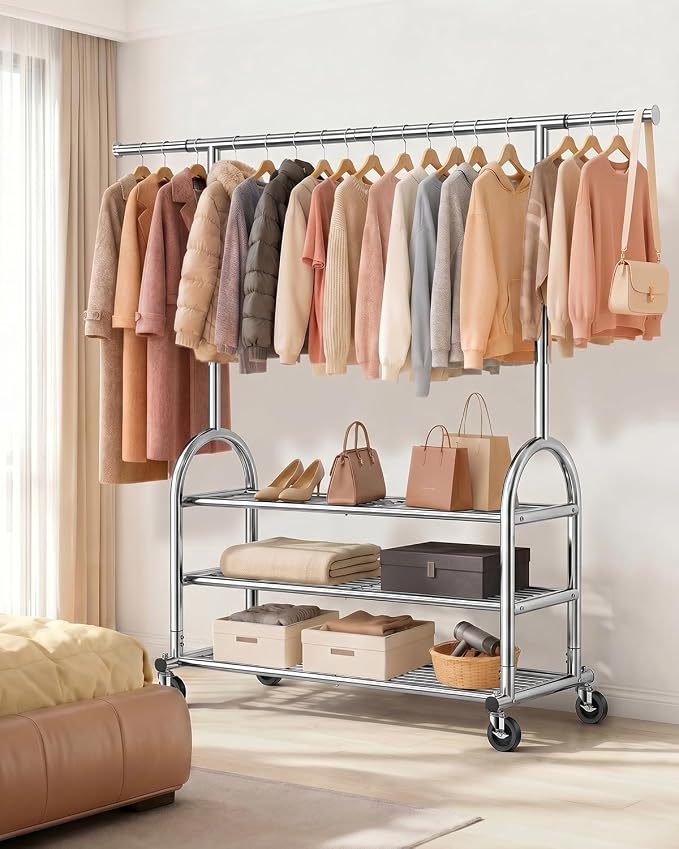 EAGMAK Heavy Duty Clothes Rack for Hanging Clothes Load 688 LBS, Height Adjustable Rolling Clothing Racks, Portable Metal Coat Rack Garment Wardrobe with Wheels and 3 Shelves for Bedroom, Silver