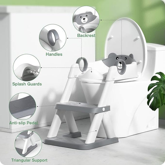 Potty Training Seat, Toddler Toilet Seat for Kids Boys Girls, 2 in1 Potty Training Toilet with Step Stool, 6 Adjustable Height, Splash Guard, Stable Triangular Anti-Slip Design(Grey)