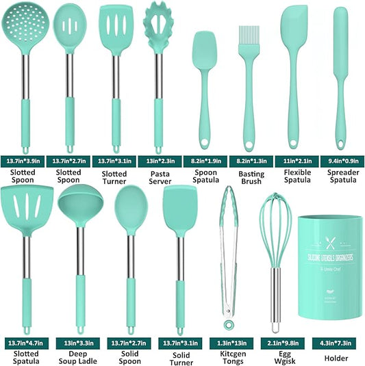 Silicone Cooking Utensil Set, Umite Chef 15pcs Silicone Cooking Kitchen Utensils Set, Non-stick - Best Kitchen Cookware with Stainless Steel Handle - Green