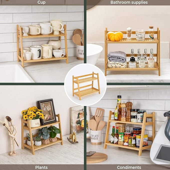 ANBOXIT Matcha Station Organizer, Countertop Bamboo Coffe & Tea Station | Rattan-Look 2 Tier Mug Holder Display Stand for Kitchen Condiment, Coffee Accessories, Home, Office
