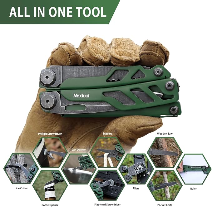 NexTool Flagship Pro Multitool Pliers with Full-size Scissors (Green) | 16-in-1 Multi-tool, Safety Locking, Replaceable YG8 wire cutters, Tool for Camping, Survival, Fishing, Repair, Gifts for Men