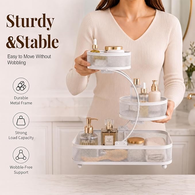 3 Tier Bathroom Counter Organizer-Perfume Organizer | Make Up Organizers for Vanity, Metal Shelf Organizer With Water-Resistant Open Design And Strong Load Capacity, White