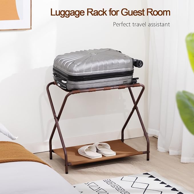 AMHANCIBLE Luggage Rack, Set of 2, Foldable Suitcase Stands for Guest Room | Metal Luggage Holder with Storage Shelf for Bedroom, Hotel, Easy Assemble, Bronz