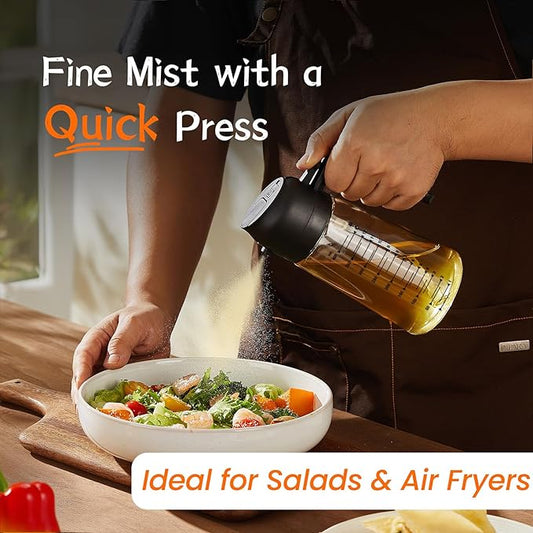 TrendPlain 16oz/470ml Glass Olive Oil Sprayer for Cooking – 2 in 1 Olive Oil Dispenser Bottle for Kitchen Gadgets and Air Fryer Accessories, Salad, BBQ - Black & Navy
