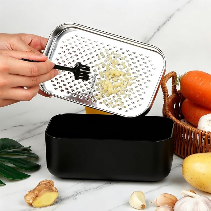 Cheese Grater with Storage Container, Box Grater Stainless Steel for Vegetables, Cheese Shredder 2 Sharp Blades for Fine & Coarse, Non-Slip Base, Lemon Zester, Includes Cleaning Brush (Black)