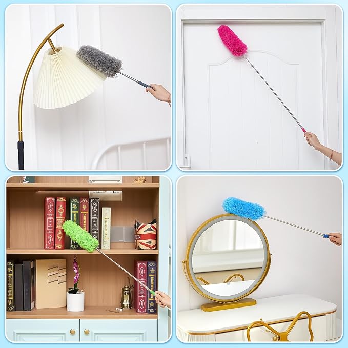 Tanlade 12 Pcs Microfiber Feather Duster for Cleaning, Extendable 13-31 Inch Ceiling Fan Duster with Bendable Head, Washable Tools for Ceiling Fans, Furniture, Car, Cobwebs (Stylish Color)