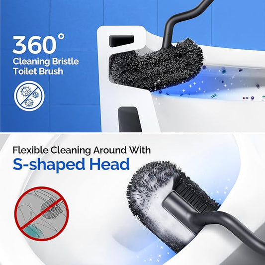 HAMITOR Toilet Brush and Holder Set: 304 Stainless Steel Heavy Duty Deep Cleaning Bowl Cleaner Brush with Curved Bristle - Space Saving Wall-Mounted for Home Apartment Bathroom Accessories Silver
