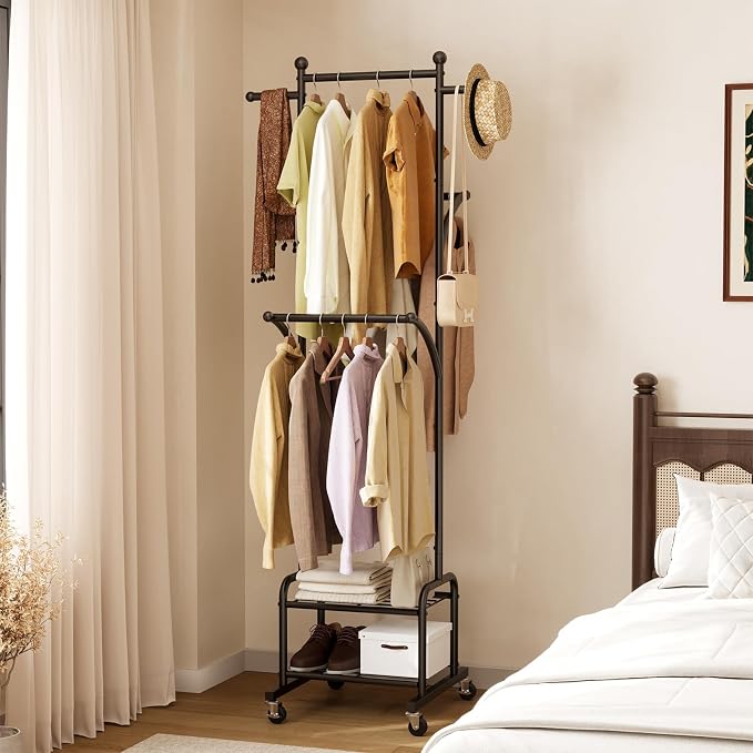Rolling Clothes Rack with 2 Metal Shelves, 71" Portable Clothing Rack with Wheels, Small Garment Rack with 2 Side Hanging Rods, Freestanding Coat Rack for Laundry Room, Bedroom, Black