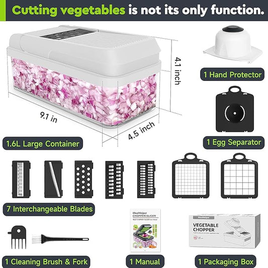 MealHelper 12-in-1 Vegetable Chopper, 7 Blade Veggie Chopper, Practical Food Chopper with Container, Cheese Grater, Home Essentials & Kitchen Gadgets(Black/White)