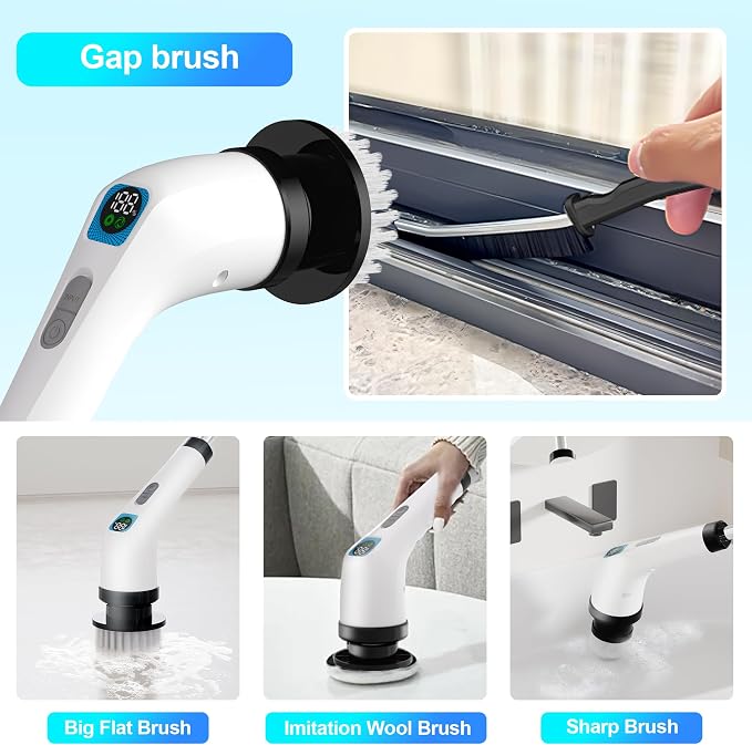 Electric Spin Scrubber for Cleaning - Bathroom Floor Shower Scrubber with Long Handle Cordless Handheld Power Spin Brush, IPX7 8in1 400RPM LED-Screen Fast Charging