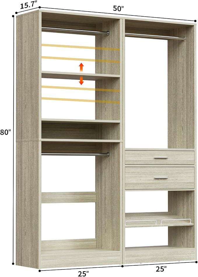 Unikito Closet System Set of 2, 4FT Closet Systems with 2 Wood Drawers, 50" Closet Organizer System with 3 Hanging Rods & 2 Shelves, Heavy Duty Walk-in Closet , White Oak (50" L x 16" W x 80" H)
