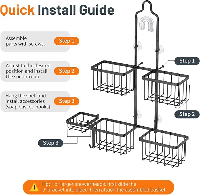 Luxspire Shower Caddy Hanging over Shower Head, Rustproof Adjustable Shower Rack No Drill, Thickened Stainless Steel Shower Organizer and Storage for Inside Shower with Hook Soap Holder, Black