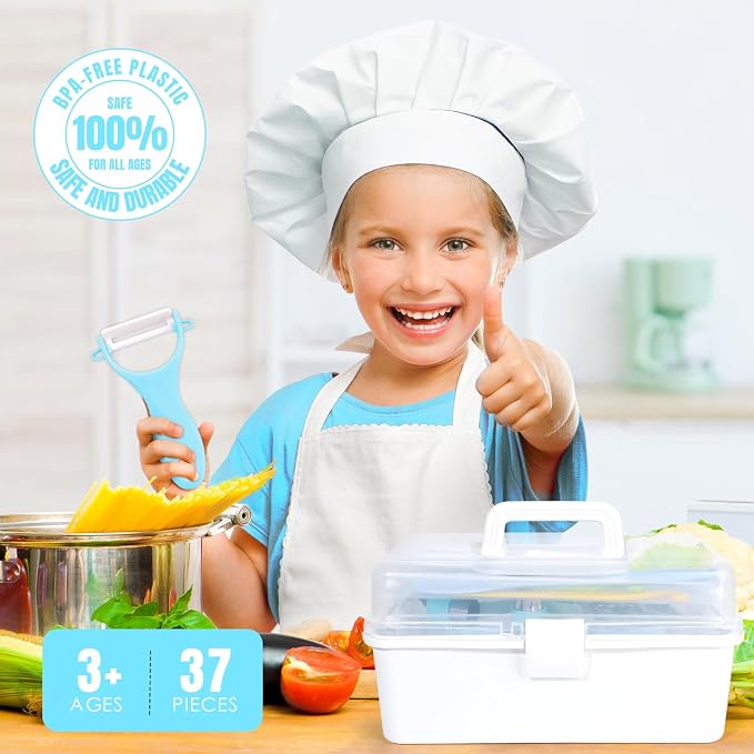 37PCS Kids Cooking Sets Real, Kids Cooking and Baking Gift Set with Storage Case Timer Kid Safe Knives Cutting Board, Toddler Real Kitchen Accessories, Birthday Gifts for Girls Boys Age 3 - 8