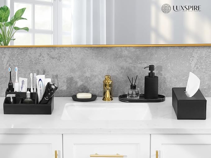 Luxspire Bathroom Counter Organizer, 5 Slots, Matte Black | Toothbrush Holder for Bathroom, Marble Bathroom Accessories for Toothbrush Toothpaste